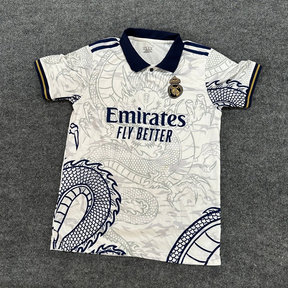 Real Madrid Soccer Jersey Mens XS White Dragon Print Vini Jr 7 Polo Athletic